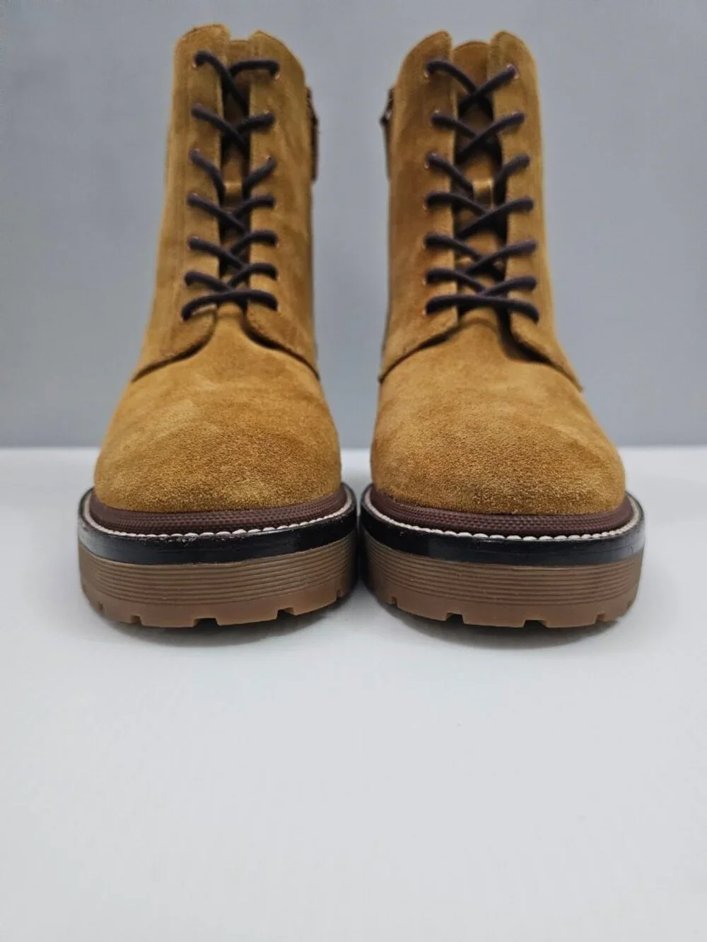 Tory Burch Miller 50mm Lug Sole Bootie Womens 9.5 Tan Suede Lace Up Combat NEW